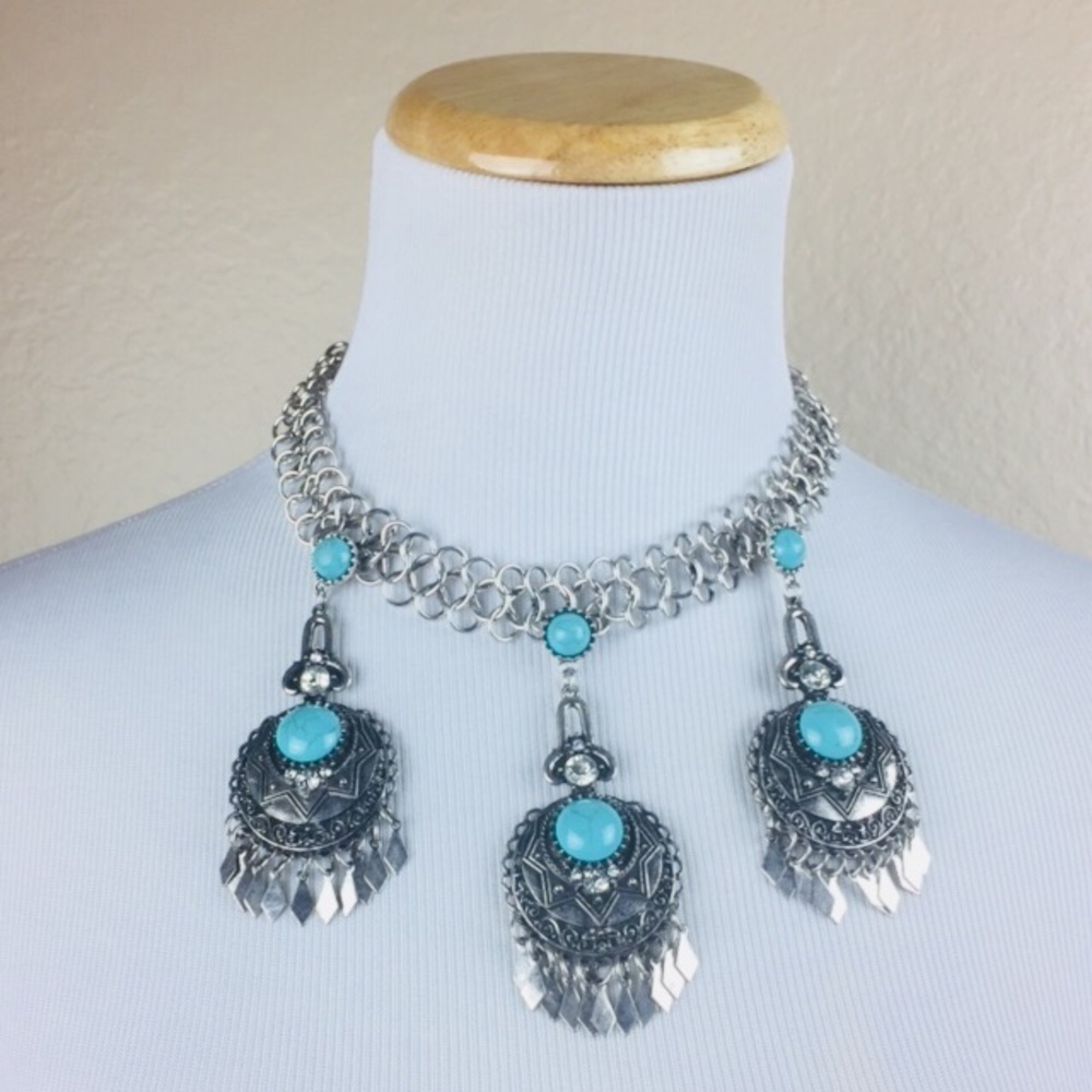 NEW Southwestern Turquoise Silver Tone Statement Necklace Set Rodeo Country